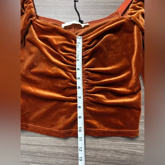 ASTR Vanya Rust Orange Velvet Ruched Long Sleeve Top Size Small NWT - Picture 3 of 6